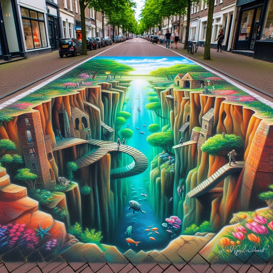 3D chalk art of tropical canyon with waterfall on city street