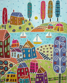 Naive folk art painting of colorful houses and boats by the water with decorative trees and patterns