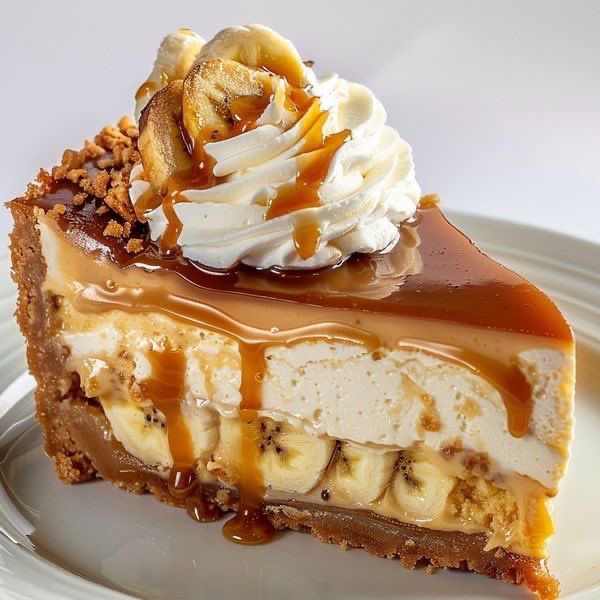 Slice of banana cream pie with caramel drizzle and whipped cream on white plate