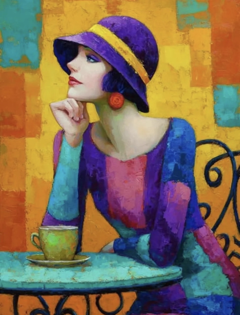 Colorful painting of a woman in a purple hat sitting at a cafe table with a cup