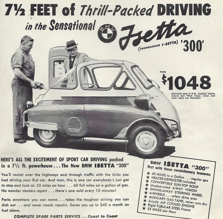 Vintage black-and-white BMW Isetta 300 advertisement with a microcar and two men