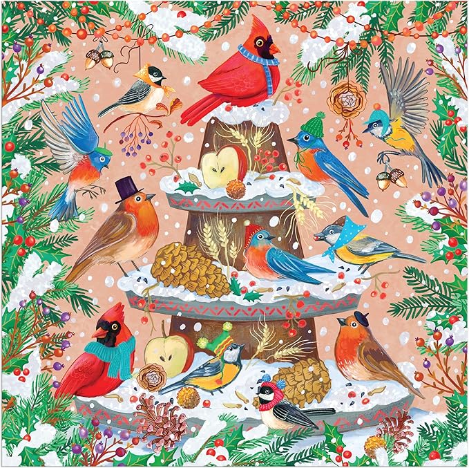 Colorful illustrated birds perched on snowy stumps with pine branches, berries, and pinecones