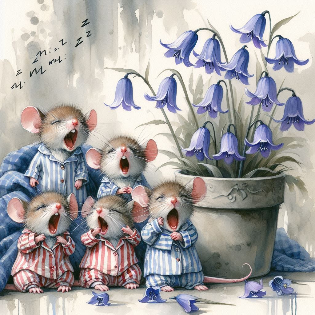 Illustration of five yawning mice in striped pajamas next to a pot of blue bellflowers