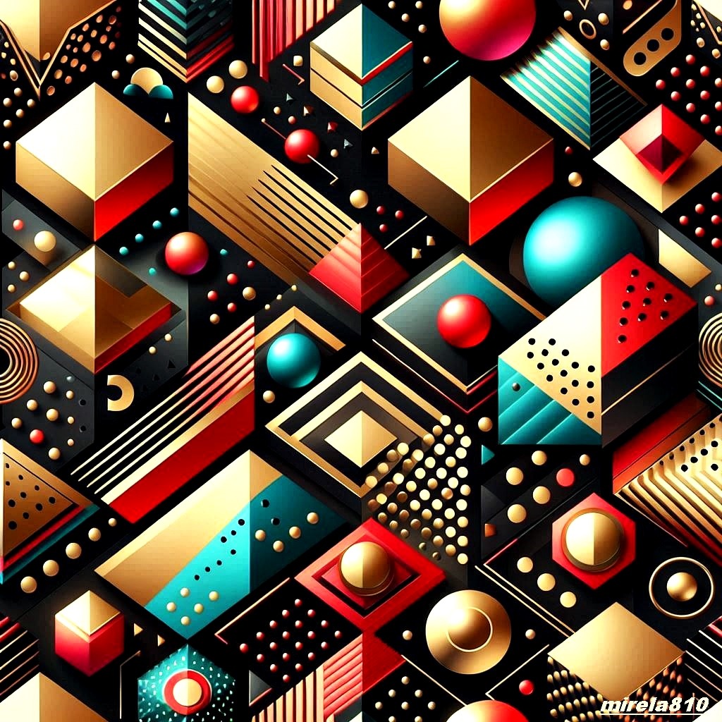 Symmetrical geometric mandala with 3D shapes, spheres, stripes and dots in gold, red, teal on black