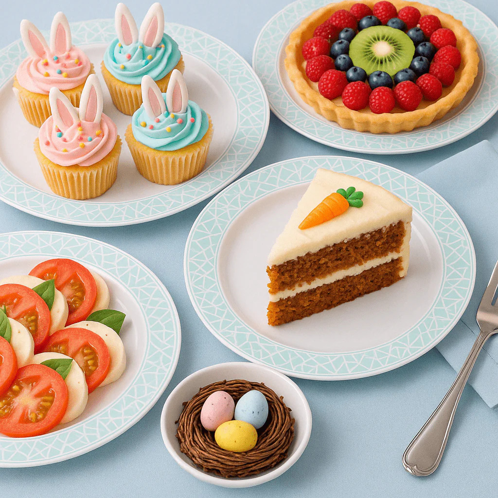 Pastel table with bunny cupcakes, fruit tart, carrot cake slice, caprese salad, and candy eggs