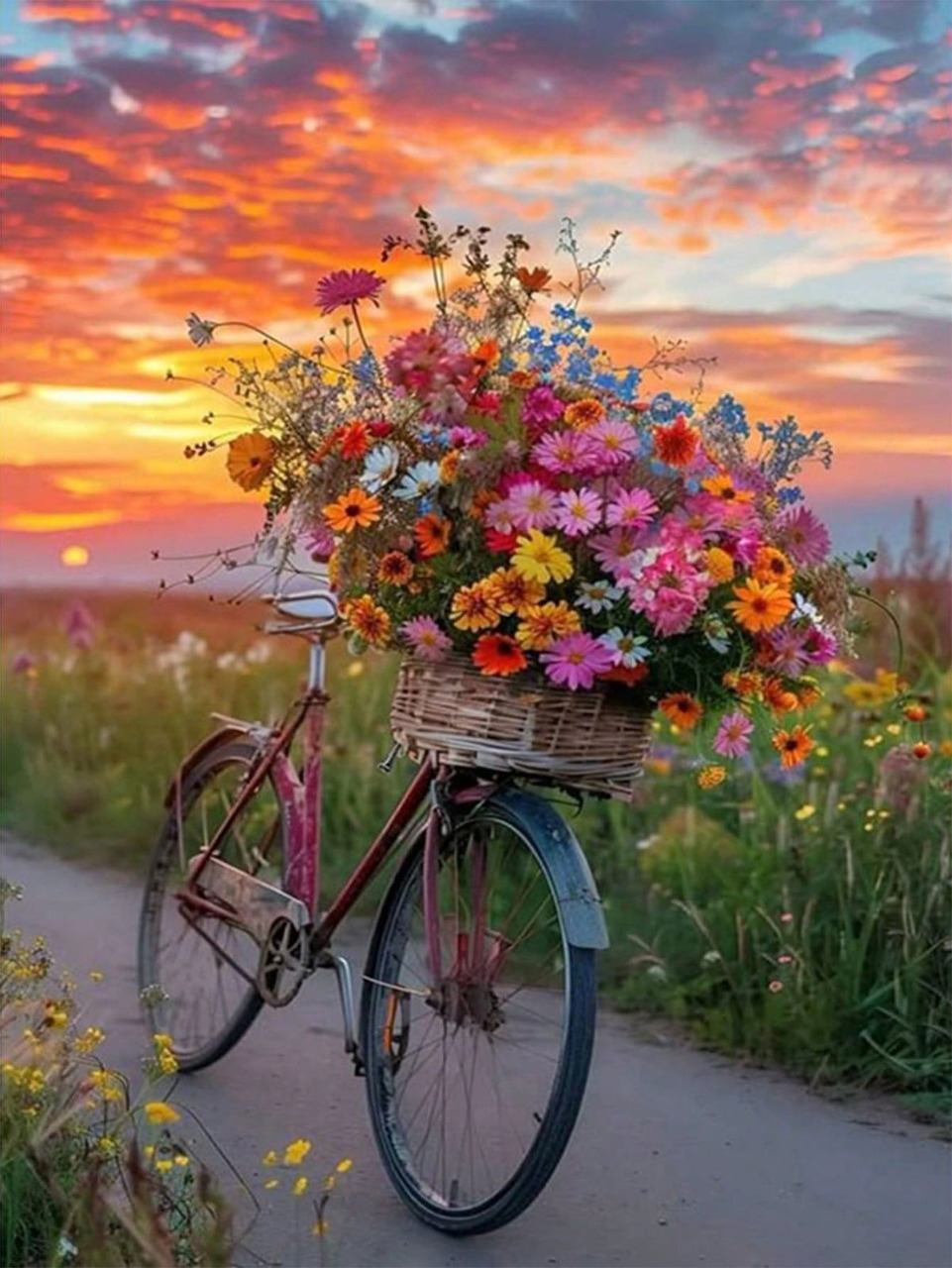 Vintage bicycle with a basket of colorful flowers on a path at sunset