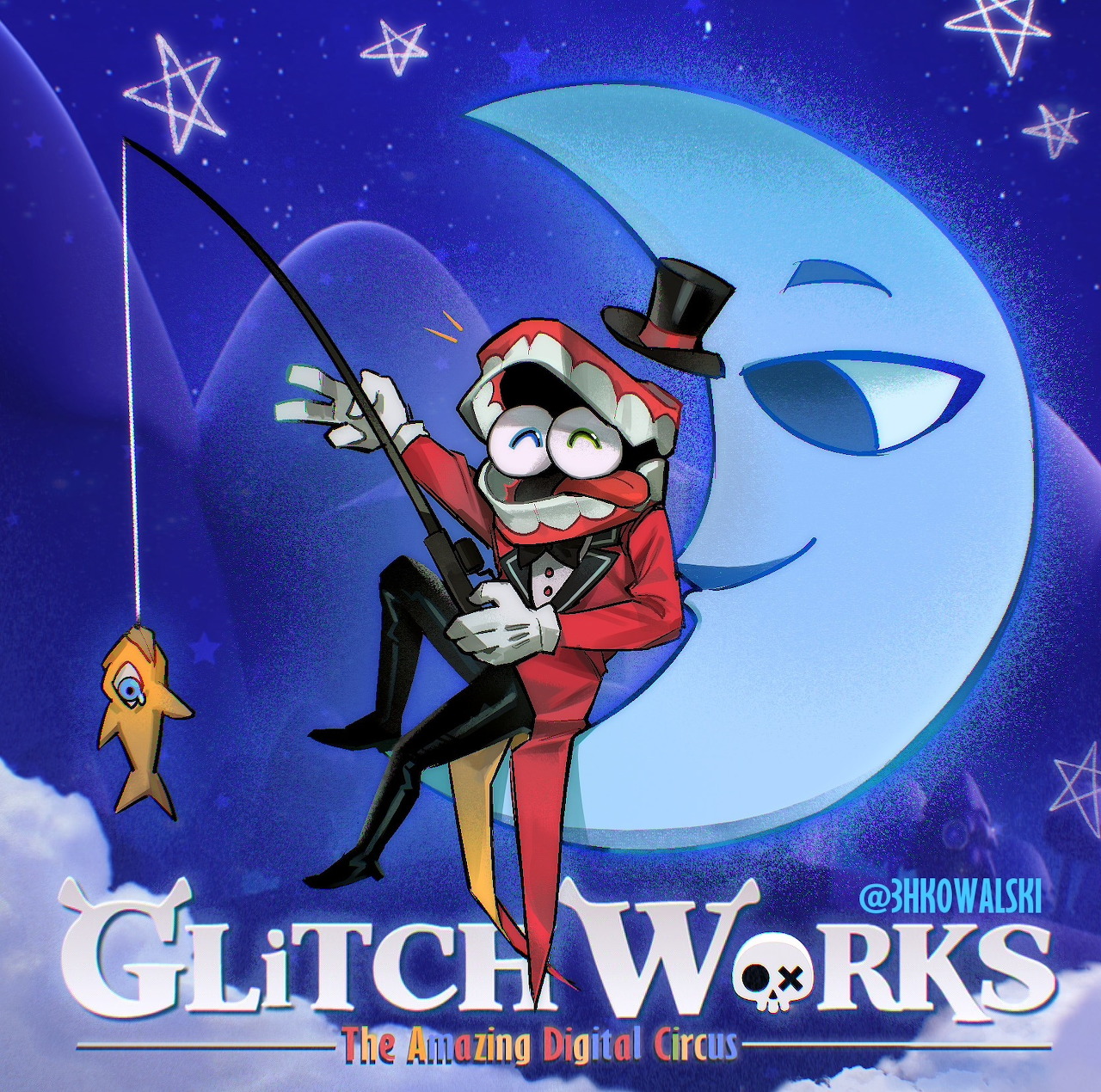 Cartoon character in red sitting on a crescent moon and fishing with a star lure in a starry sky
