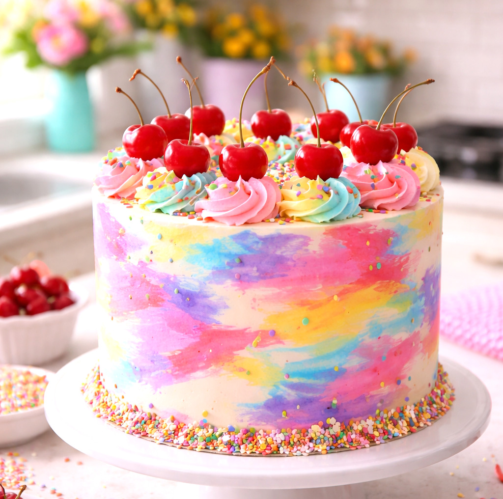 Colorful pastel watercolor cake topped with red cherries and swirled frosting on a kitchen counter
