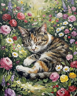 Painting of tabby cat sleeping in colorful flower garden with roses and daisies