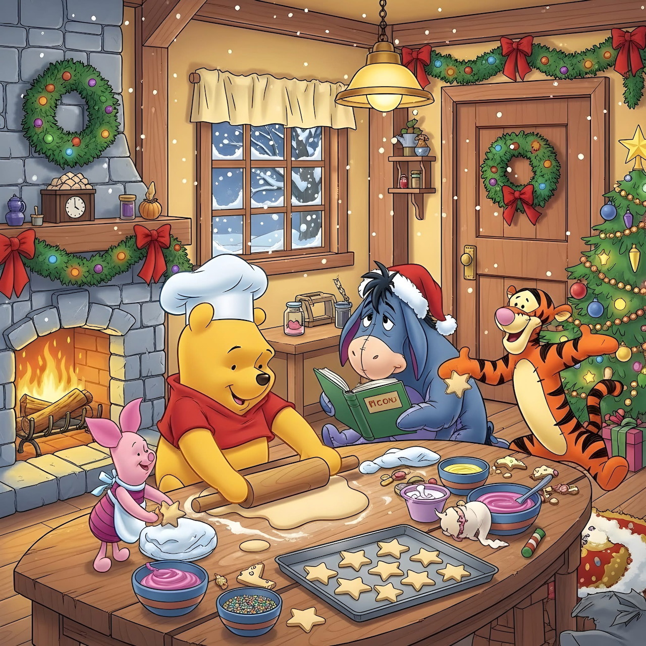 Winnie the Pooh, Piglet, Eeyore, and Tigger baking Christmas cookies in a cozy cartoon room