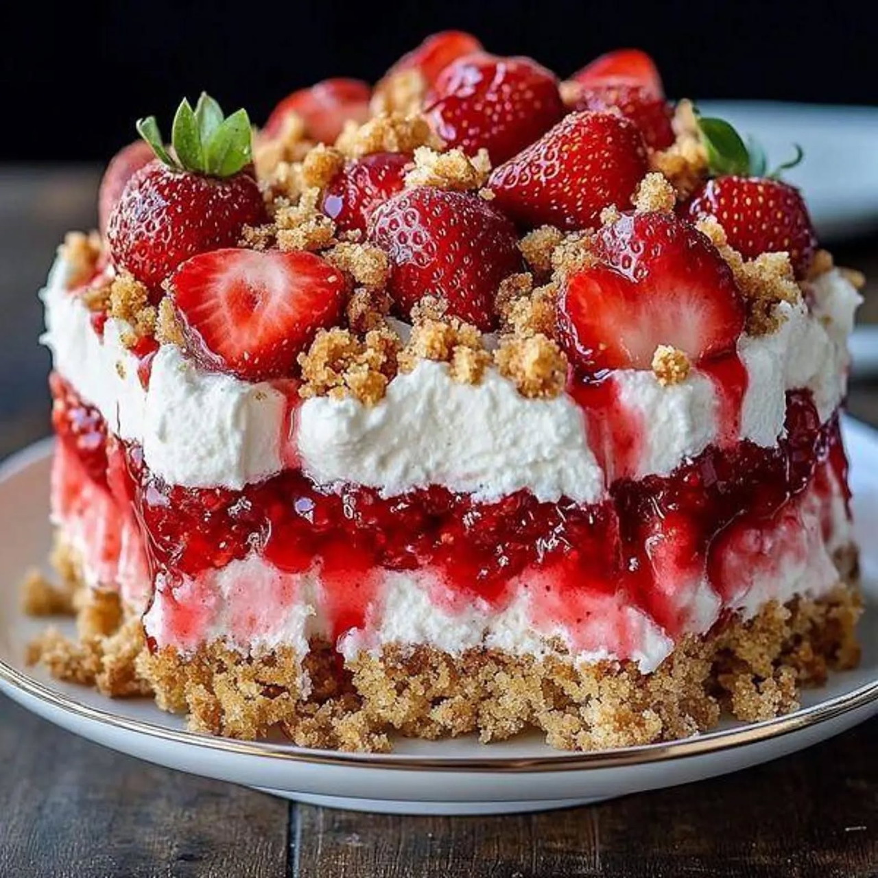 Layered strawberry cream cake with fresh strawberries, red sauce, and crumb topping on a plate