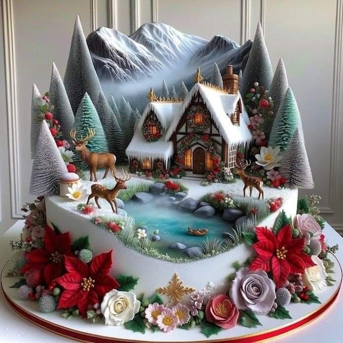 Decorated winter cake with a snowy cabin, deer, pine trees, pond, and mountain scene on top