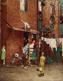 Painting of children near brick stoops and hanging laundry in a city alley