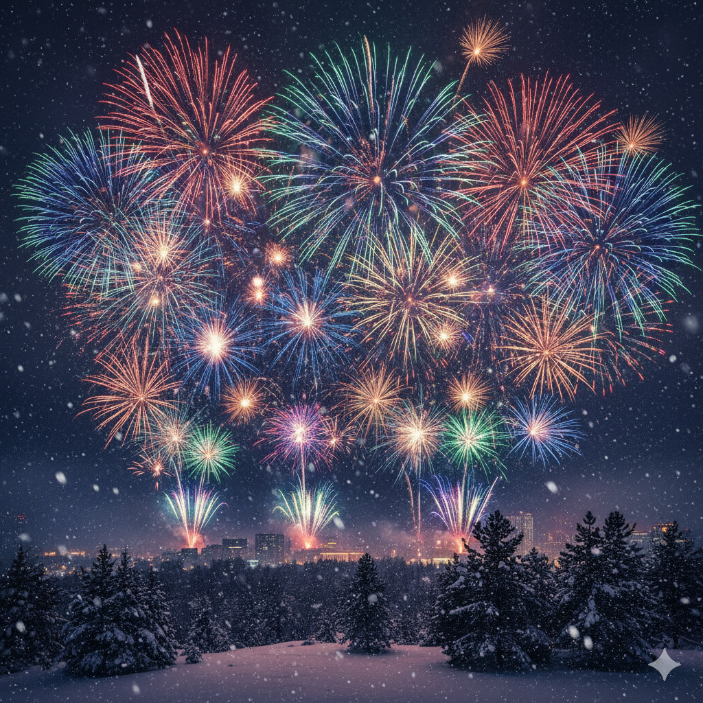 Fireworks Over Snowy Forest