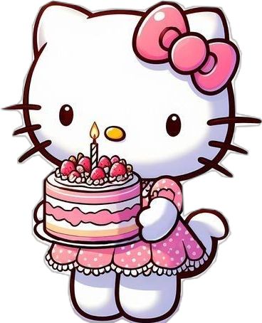 Hello Kitty holding pink birthday cake with candles