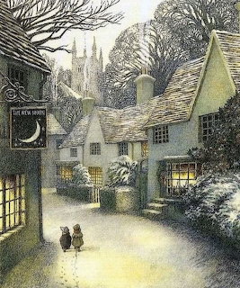 Two people walking through a snowy village street at evening with illuminated cottages and bare winter trees