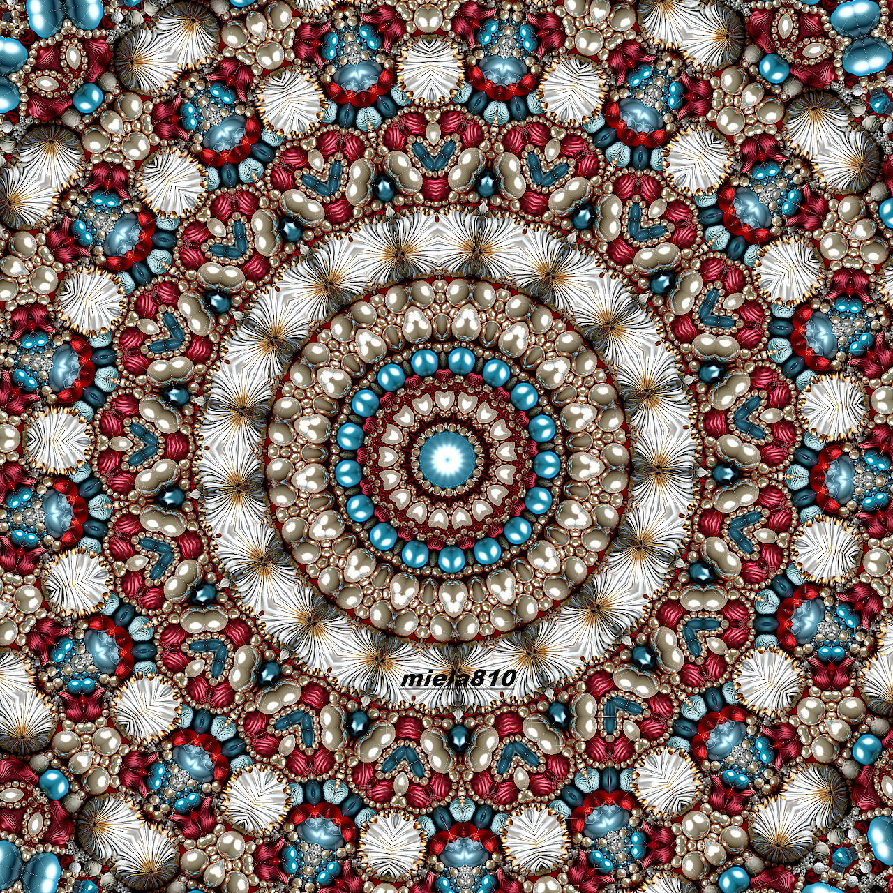 Ornate circular mandala with jeweled patterns in turquoise, red and silver on white background