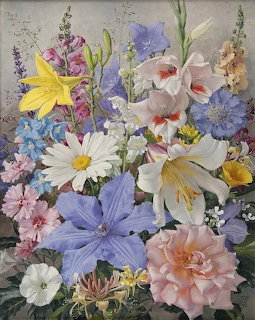 Still life painting of a colorful mixed flower bouquet with lilies, daisies, clematis, and roses