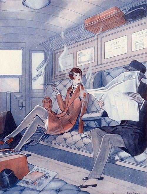 Watercolor painting of woman reading book while sitting on bed in sunlit bedroom