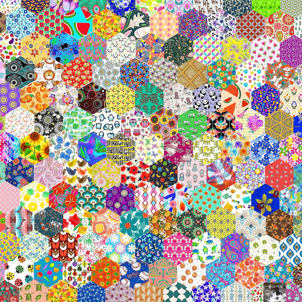 Colorful hexagonal patchwork quilt with diverse patterns including polka dots, florals, and geometric designs
