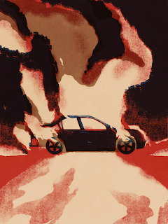 Illustration of a dark car engulfed in red and black smoke with a gritty textured style