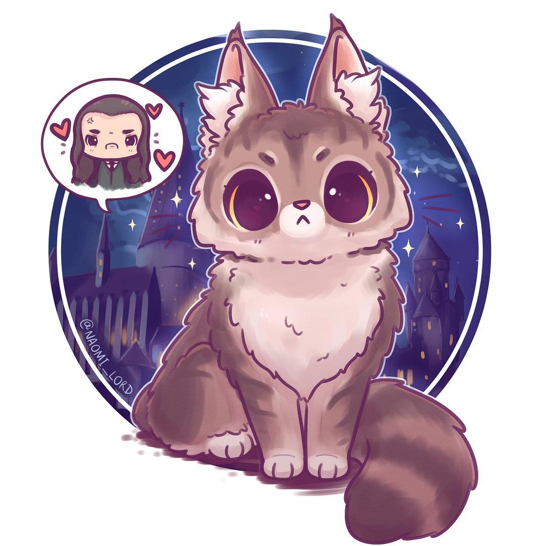 Cute cartoon cat with big eyes sitting before a purple starry circle and a small heart speech bubble