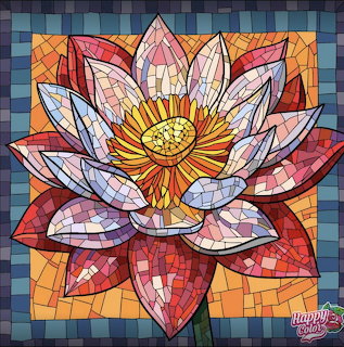 Mosaic stained glass lotus flower with multicolored petals in geometric pattern on tiled background