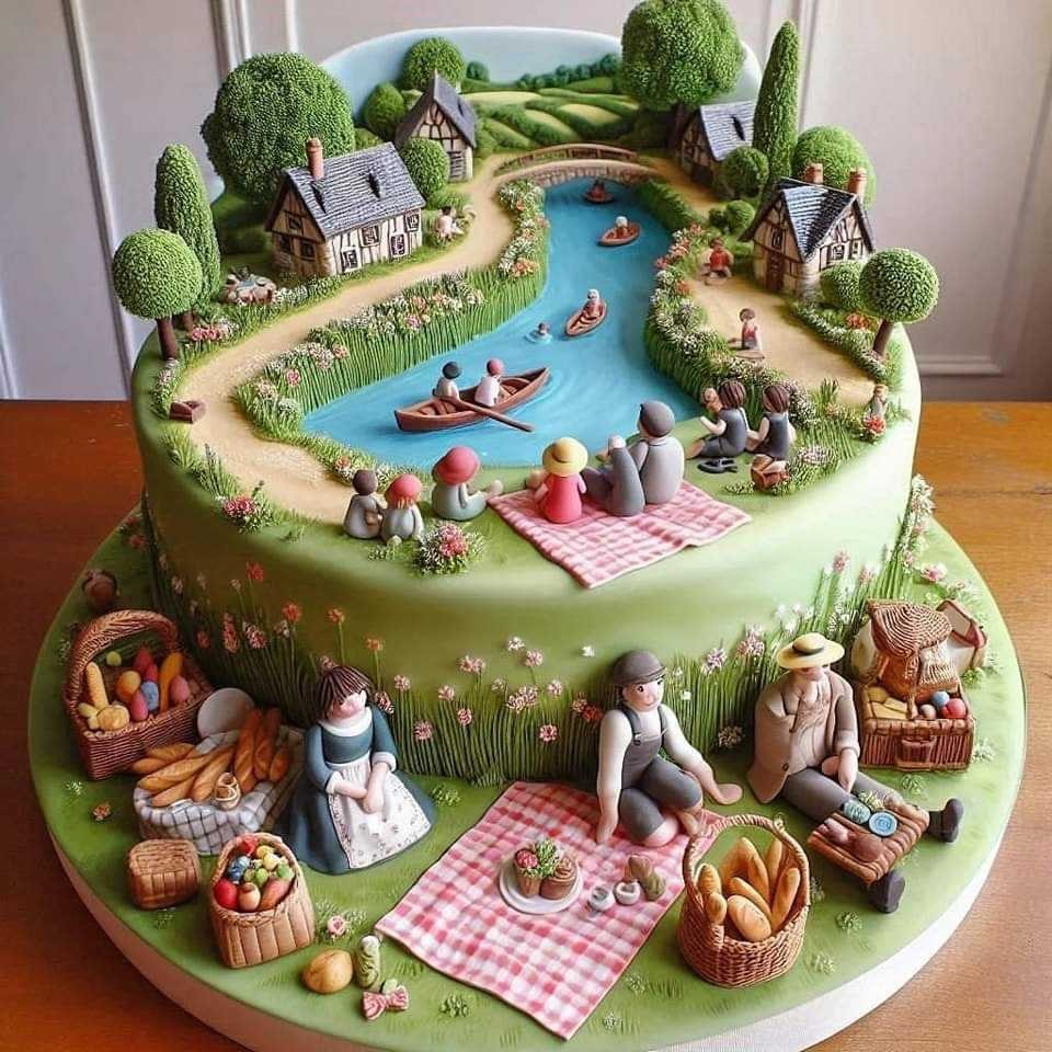 Multi-tiered green cake decorated with miniature picnic scene including lake, boats, trees, houses and people