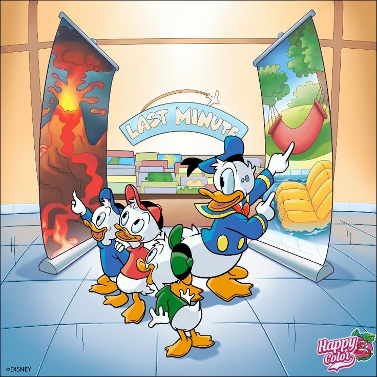 Donald Duck with his three nephews in a colorful cartoon room
