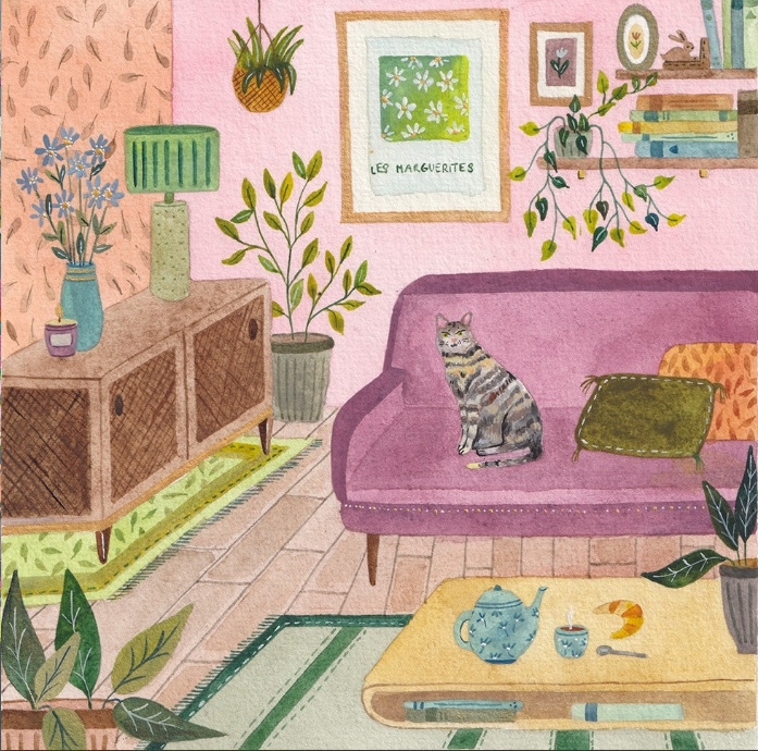 Illustrated living room with pink sofa, gray striped cat, houseplants, and colorful retro decor