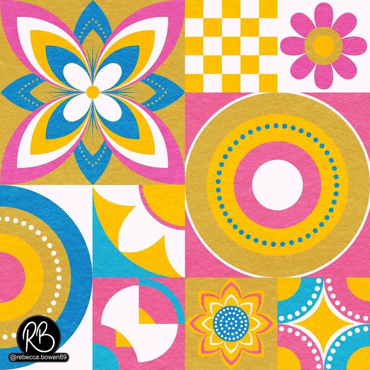 Colorful abstract grid with floral motifs and circular geometric patterns
