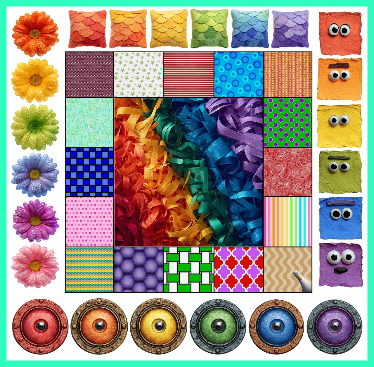Grid collage of colorful craft supplies: rainbow curled wood shavings, patterned papers, flowers, buttons, and cartoon faces