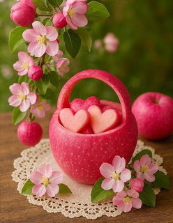 Red apple-shaped basket with heart-shaped treats, pink blossoms, and small apples on a lace doily