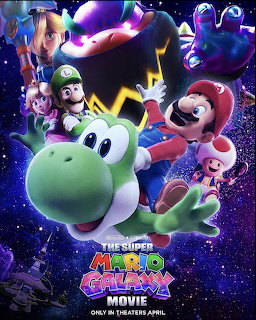 Super Mario Galaxy movie poster with Mario, Luigi, Peach and Yoshi in space surrounded by purple cosmic clouds