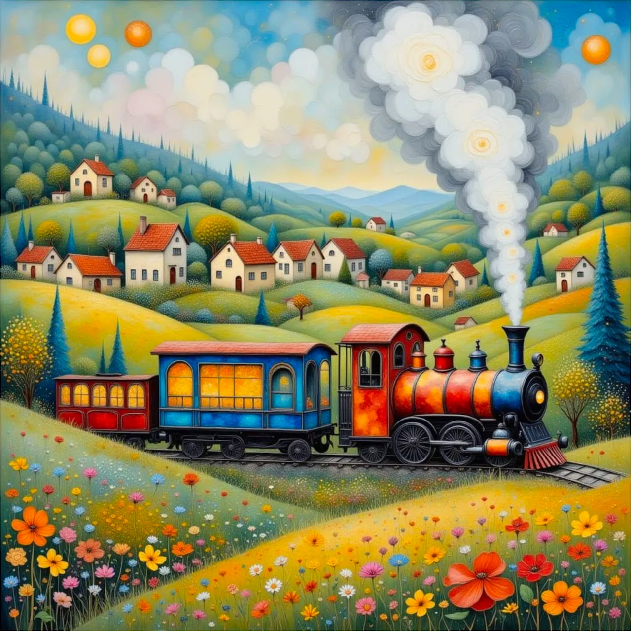 Whimsical painting of a red and blue steam train passing through a rural village with colorful wildflowers and hills