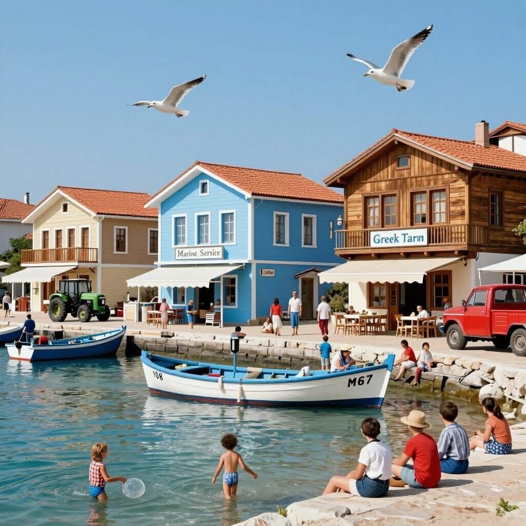 Colorful seaside houses and boats along a harbor with people sitting by the water