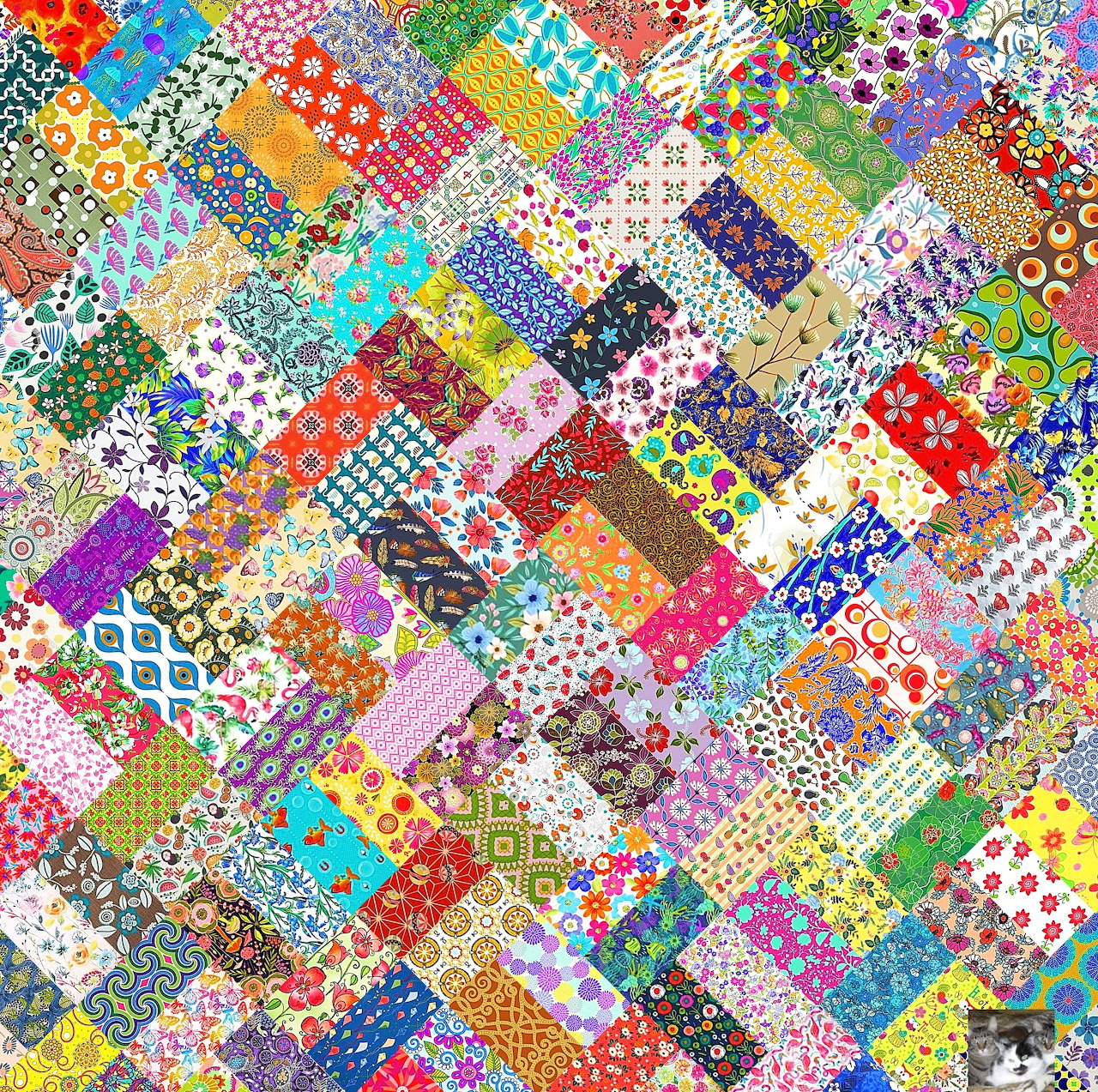 Colorful diagonal patchwork quilt with varied patterns including florals, dots, and geometric designs in bright colors