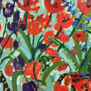 Colorful Irises and Tulips