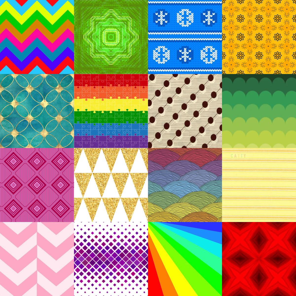Grid of 20 colorful pattern squares including chevrons, dots, stripes, and geometric designs in various bright colors