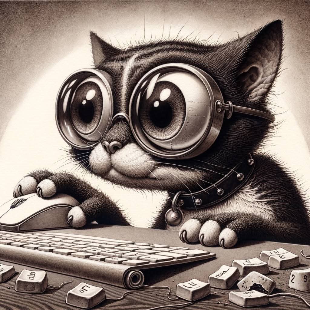 Black-and-white illustration of a cat with huge round glasses using a mouse and keyboard