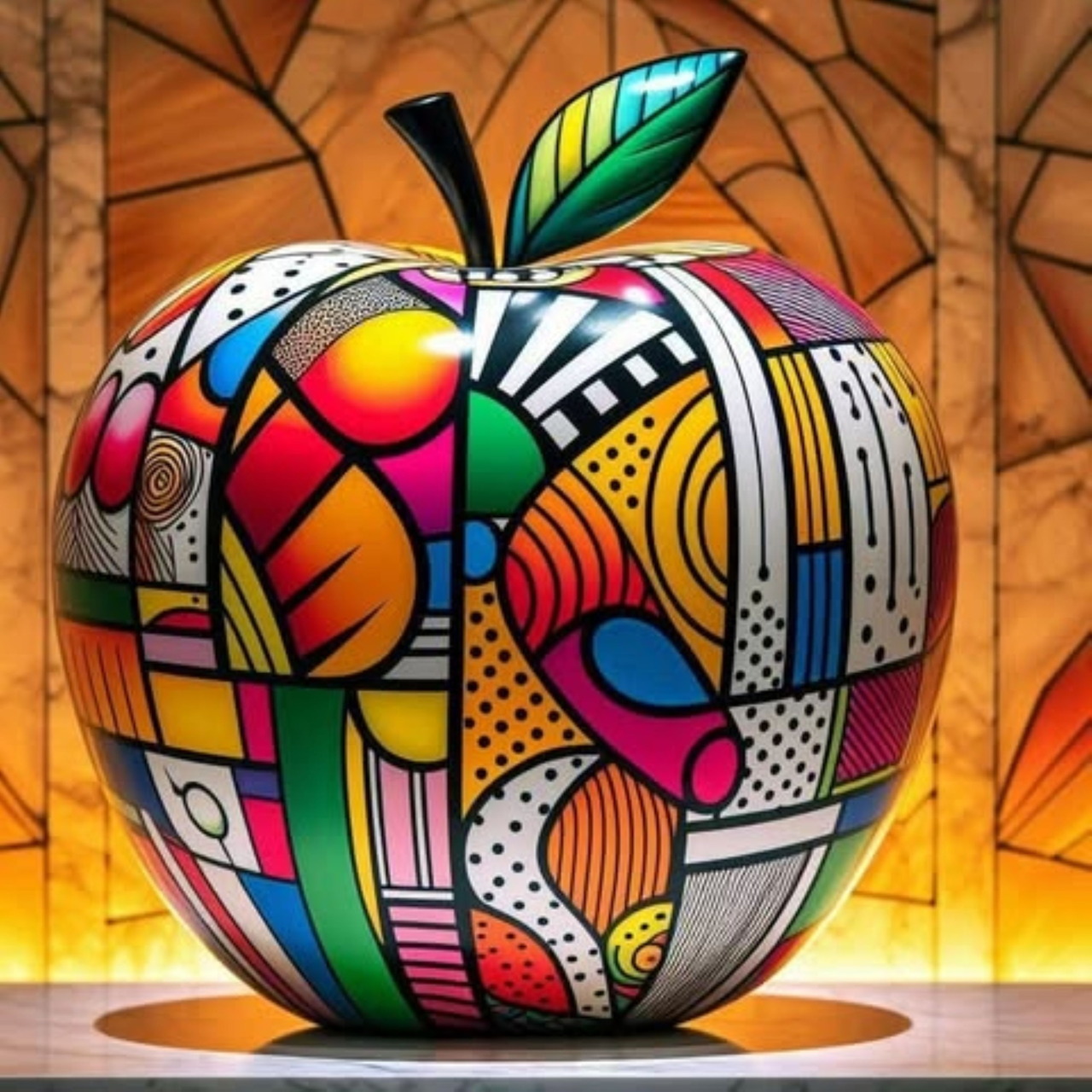 Colorful apple with abstract geometric patterns including stripes, dots, and shapes against mosaic background