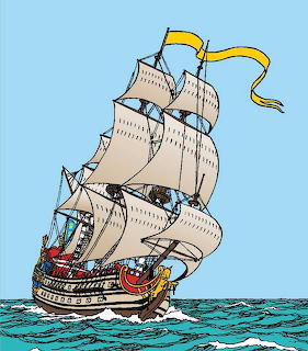 Cartoon tall ship with white sails heeling over in blue ocean waves with yellow flag on mast