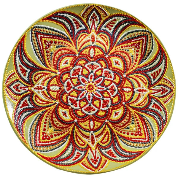 Ornate circular mandala with symmetrical floral petals in red, orange, yellow, and green on olive green background