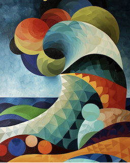 Abstract geometric painting of a colorful ocean wave with circles and triangles in vibrant hues