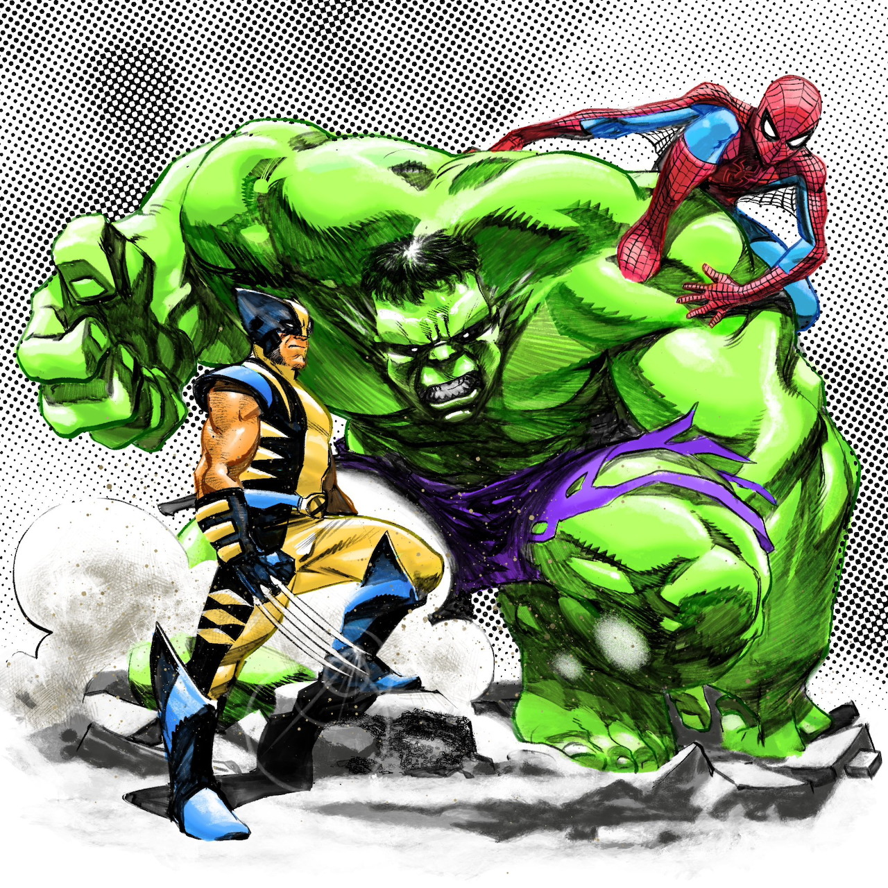 Illustration of Hulk, Wolverine, and Spider-Man posing together on cracked ground