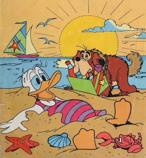 Donald Duck lying on beach sand with a dog lifeguard, sailboat in background, sun and seagulls overhead