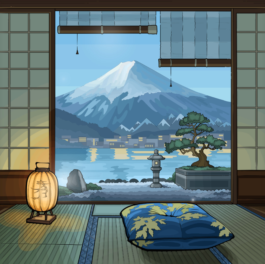 Illustrated tatami room with lantern and cushion facing Mount Fuji across a lake
