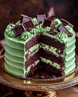 Chocolate layer cake with mint green buttercream frosting and chocolate square toppings, slice cut to reveal layers