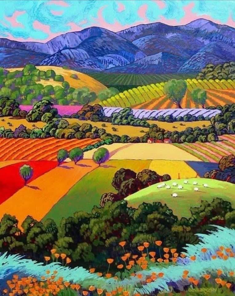 Colorful painting of patchwork farm fields with trees and purple mountains