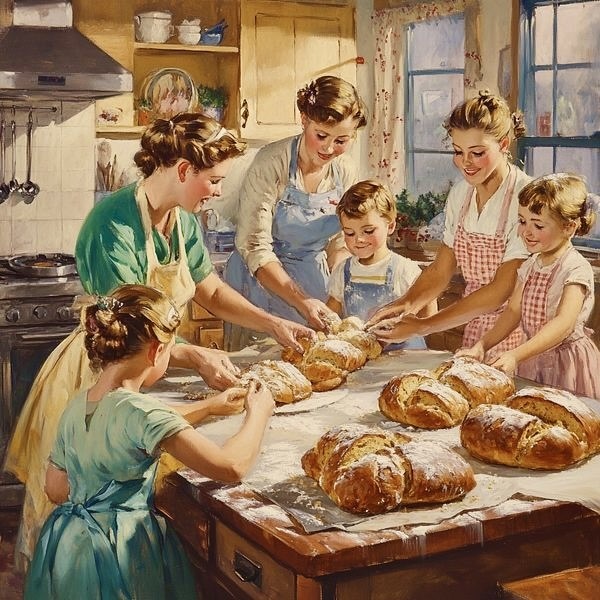 Vintage-style painting of a family baking bread together in a cozy kitchen